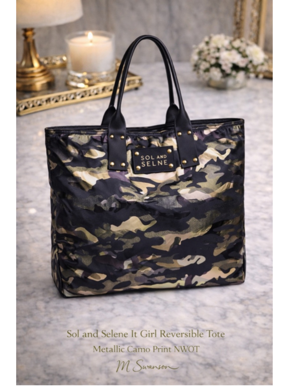NEW Sol And Selene It Girl Camo Tote Reversible Metallic Black Gold Green NWOT